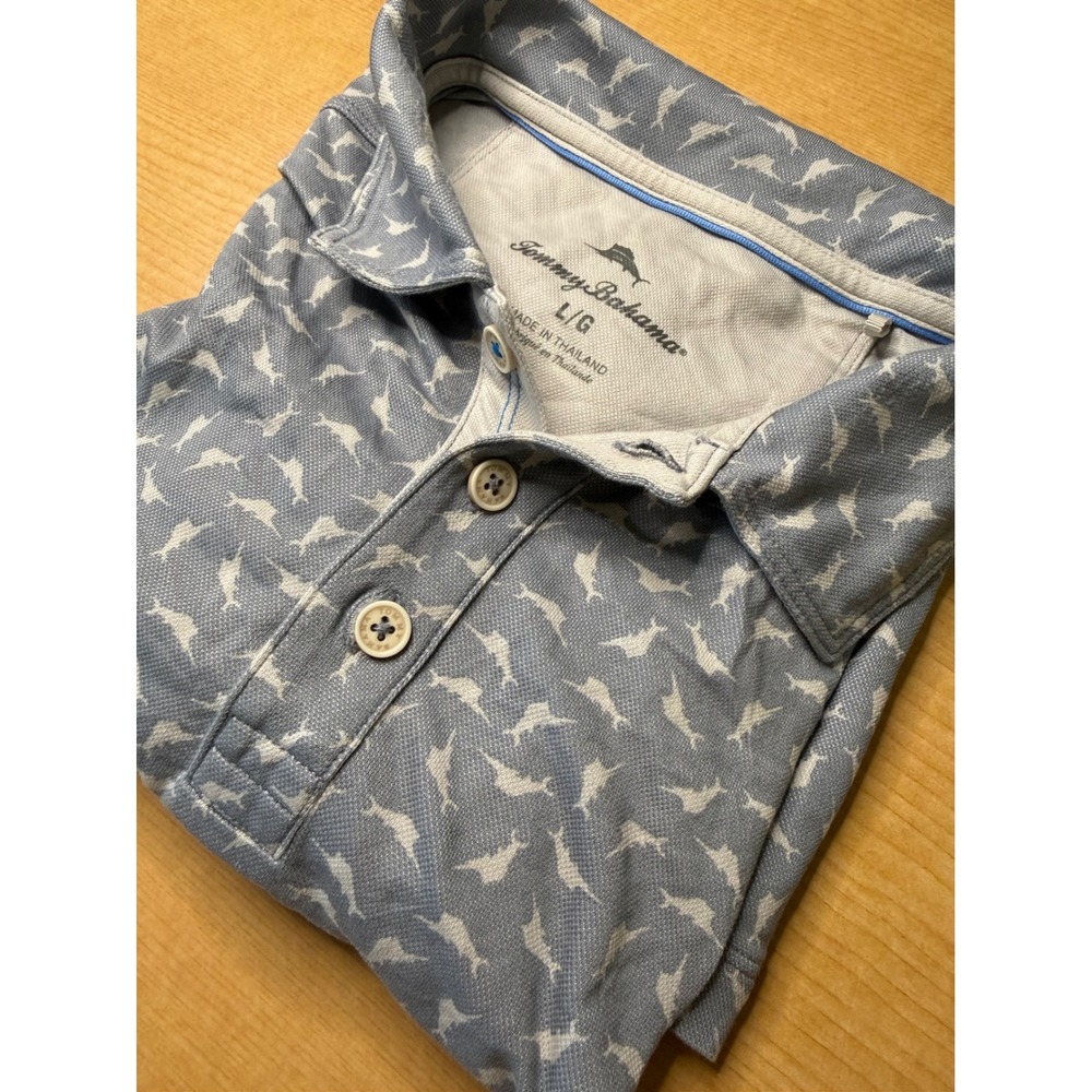 Tommy Bahama Mens Large Blue Marlin Fish Print Short Sleeve Polo Shirt Coastal